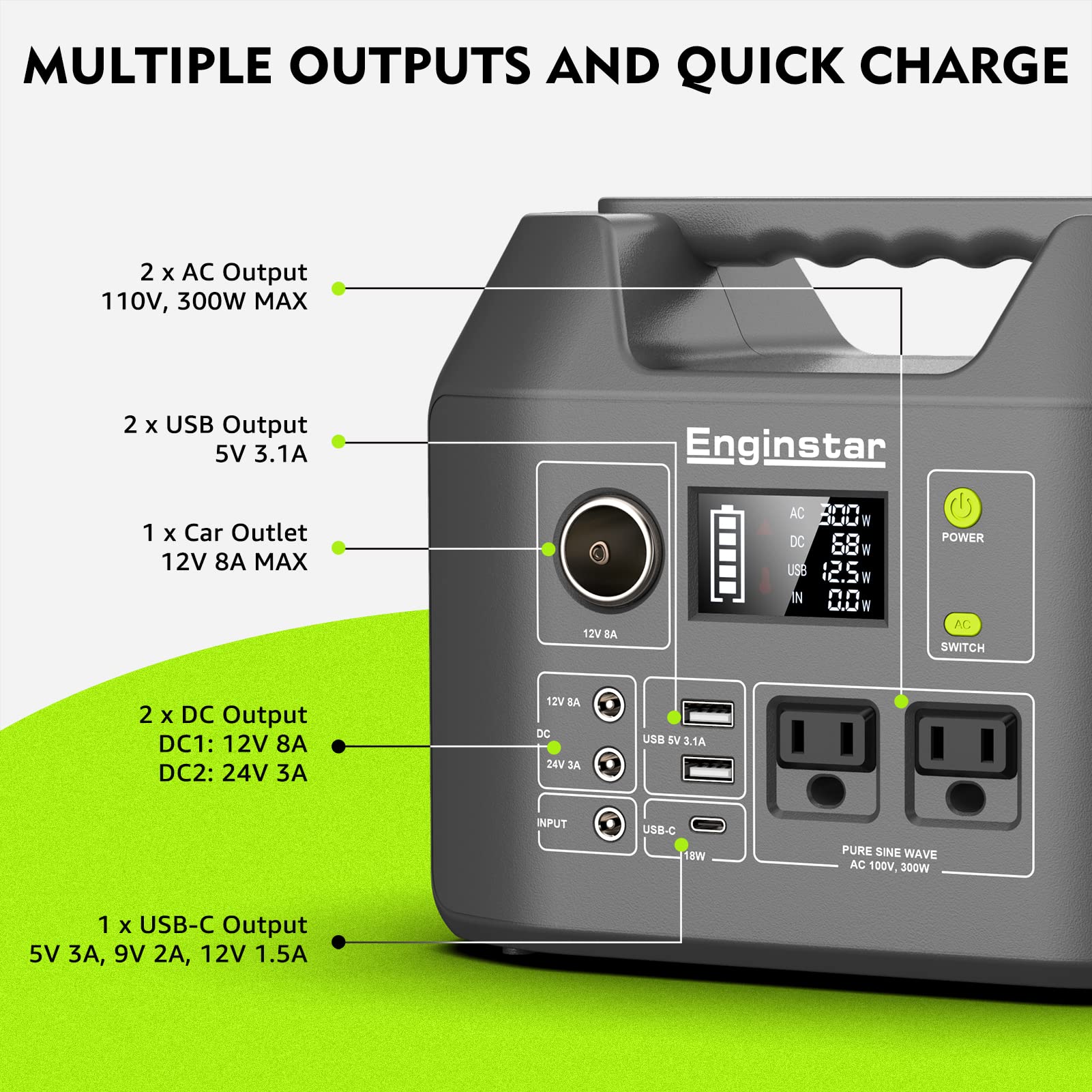 EnginStar Solar Generator, 300W Portable Power Station, 296Wh Lithium Battery Backup w/Two 110V Pure Sine Wave AC Outlet for Camping Road Trip RV, 80000mAh Sufficient Power Supply for Blackout