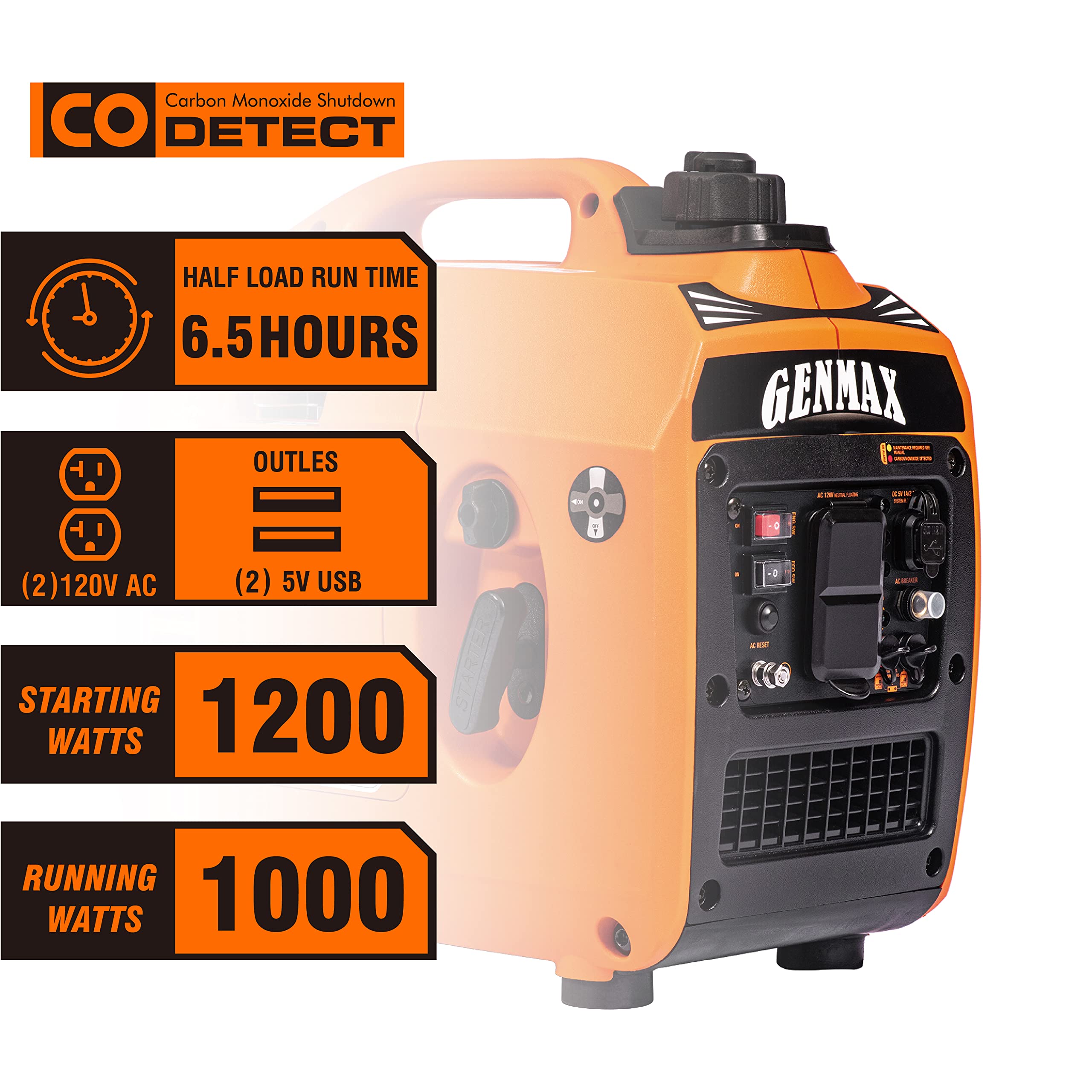 GENMAX Portable Inverter Generator,1200W Ultra-Quiet Gas Engine, EPA Compliant, Eco-Mode Feature, Ultra Lightweight for Backup Home Use & Camping (GM1200i)