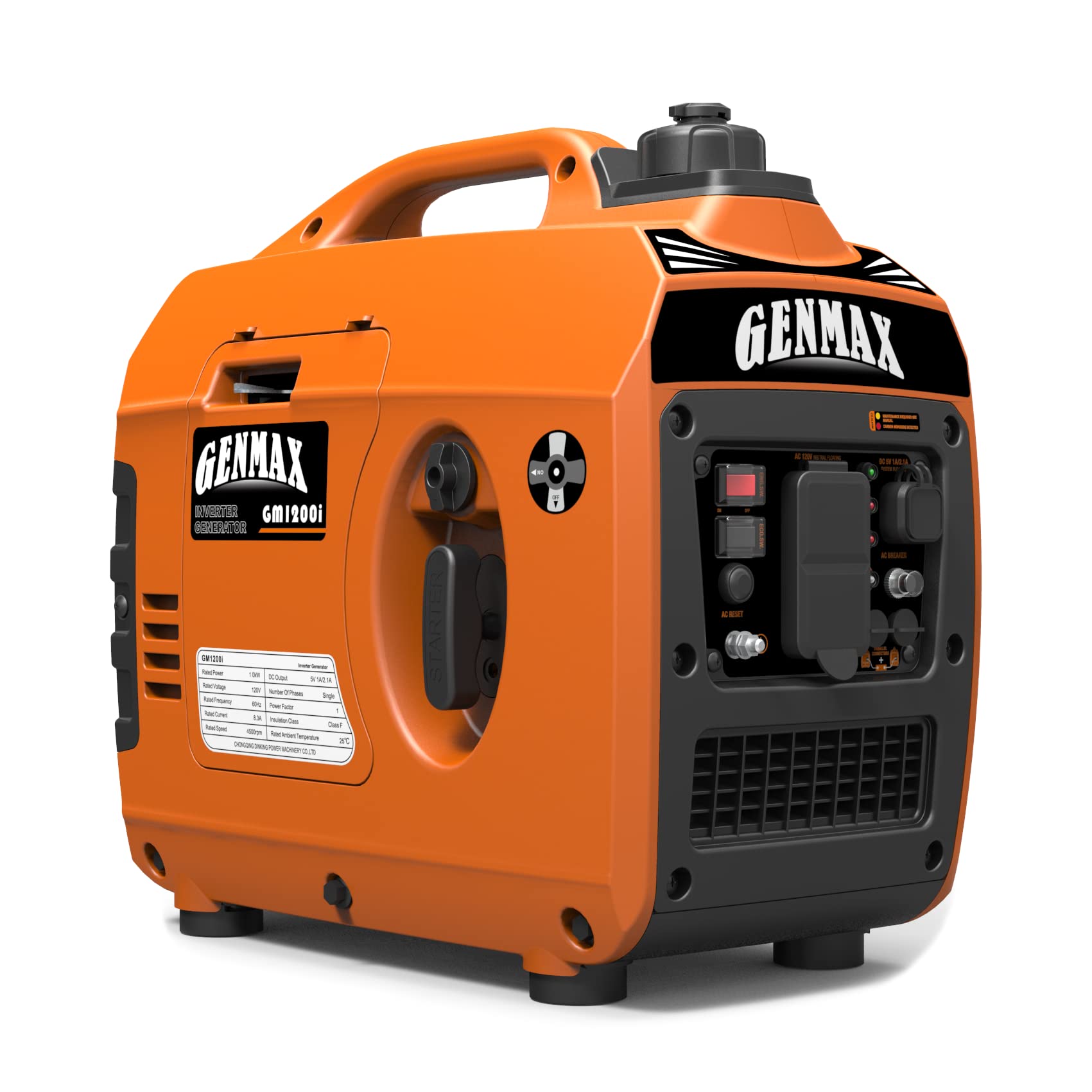 GENMAX Portable Inverter Generator，1200W Ultra-Quiet Gas Engine, EPA Compliant, Eco-Mode Feature, Ultra Lightweight for Backup Home Use & Camping (GM1200i)