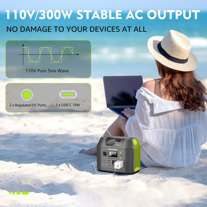 EnginStar Solar Generator, 300W Portable Power Station, 296Wh Lithium Battery Backup w/Two 110V Pure Sine Wave AC Outlet for Camping Road Trip RV, 80000mAh Sufficient Power Supply for Blackout