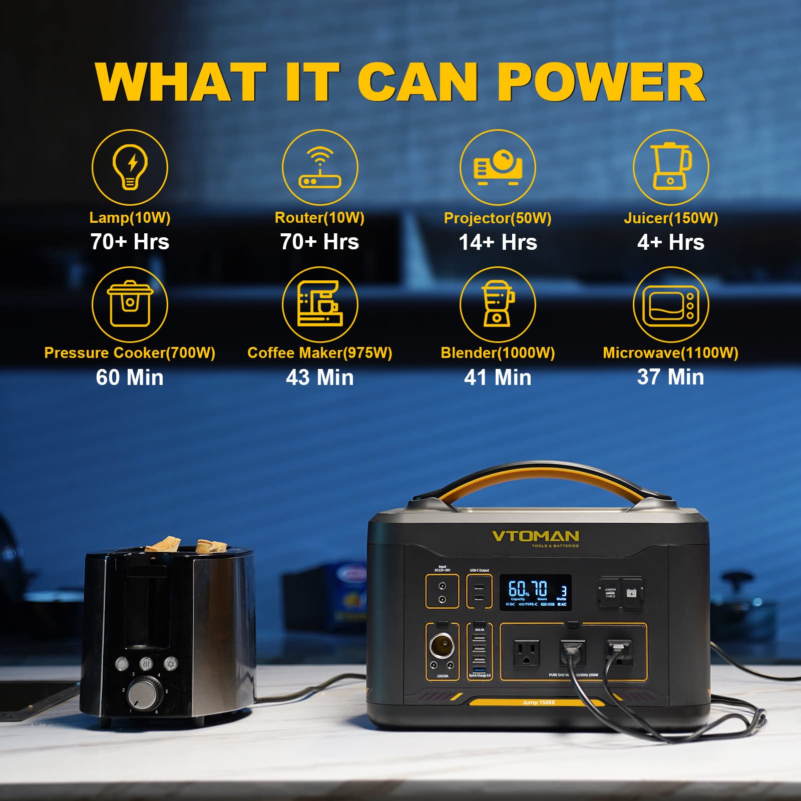 VTOMAN Jump 1500X Portable Power Station 1500W (3000W Peak), 828Wh LiFePO4 (LFP) Battery Powered Generator with Expandable Capacity, 3x Pure Sine Wave 1500W AC Outlets, 2xPD 100W, 3x Regulated 12V DC